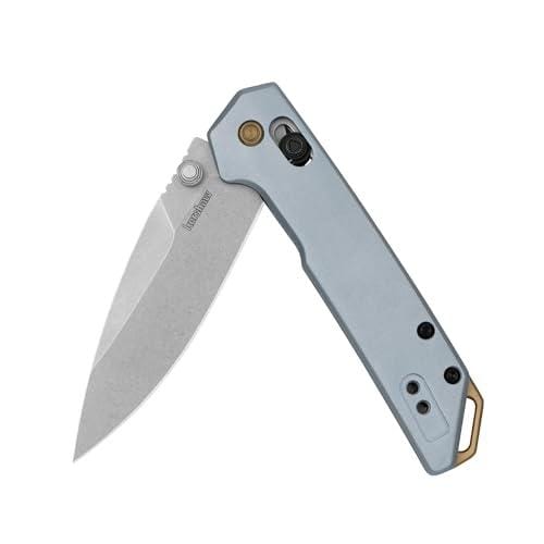 Kershaw Mini Iridium Folding Knife, 3in, D2 Steel, Spear Point Blade Stone Washed Finish, Ice Blue Aluminum Handle, 2051
