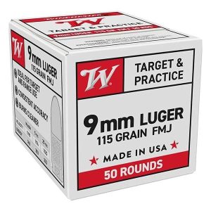 Winchester USA 9mm Luger 115 Grain Full Metal Jacket FMJ Brass Cased Pistol Ammo, 50 Rounds, W9MM50
