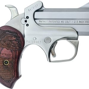Bond Arms BAPA Patriot  45 Colt (LC)/410 Gauge 2rd 3″ Stainless Steel Double Barrel & Frame w/Trigger Guard, Auto Extractors & Rebounding Hammer, Laser Engraved American Flag & Bald Eagle Rosewood Gri
