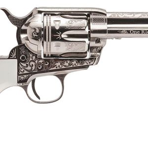 Cimarron PP410LNTXR Frontier Texas Ranger 45 Colt (LC) 6 Shot, 4.75" Engraved Nickel-Plated Steel Barrel, Cylinder & Frame, Engraved "One Riot, One Ranger" Ejector Rod, White Polymer Grip