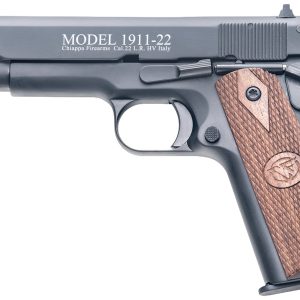 Chiappa Firearms 401038 1911-22  22 LR 10+1, 5″ Black Steel Barrel, Blued Serrated Slide, Blued Aluminum Frame w/Beavertail, Stippled Walnut Grip, Manual Thumb Safety, Right Hand