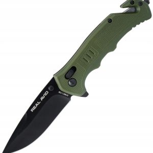 Real Avid RAV-4 Folding Knife, 3.25in, 8Cr13MoV, Black Oxide Drop Point Plain Blade, Black/Green GFN Handle, AVRAV4